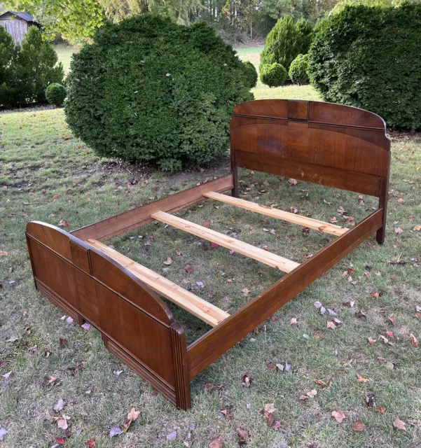 Mid Century Art Deco Full Size Wood Bed Frame Headboard Footboard Rails Vintage