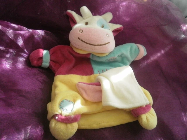 Doudou marionnette rose bleu jaune VACHE MOUCHOIR BABYNAT BABY NAT'