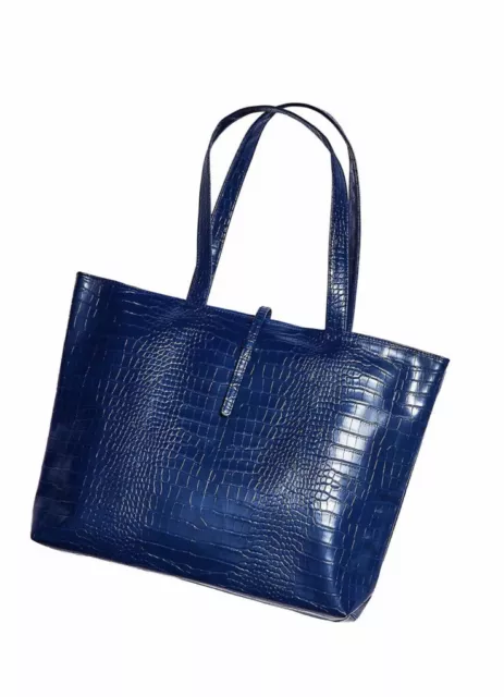 Saks Fifth Avenue Navy Blue Faux Croc Leather Tote Bag Purse Travel Shopper