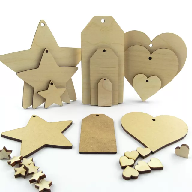 Wooden & MDF hearts stars and luggage tags. Craft shapes blanks and cut outs