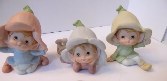 Vintage Set of 3 Ceramic Homco #5615 Elf Fairy Pixie Figurine Paste Color