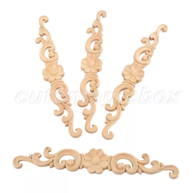 16/27cm Wood Carved Long Onlay Applique Unpainted Flower Door Home D鑼卌or 1/4pcs