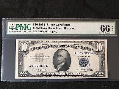 1953 $10 Silver Certificate PMG GEM UNC 66 EPQ AA BLOCK FR 1706 GRADE RARITY