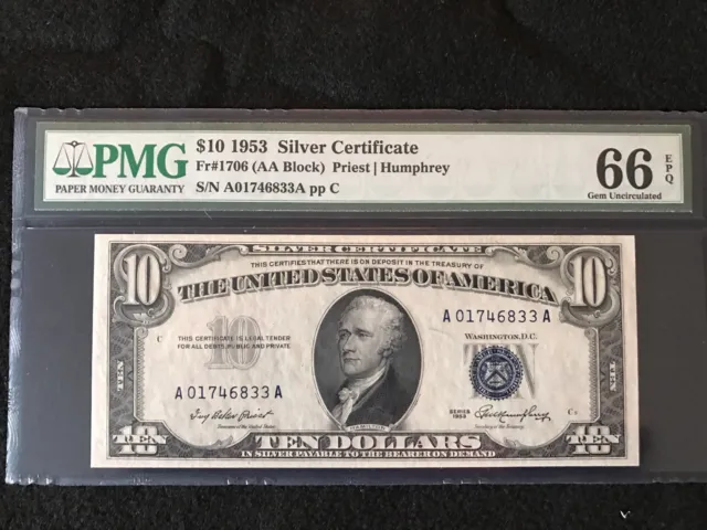 1953 $10 Silver Certificate PMG GEM UNC 66 EPQ AA BLOCK FR 1706 GRADE RARITY