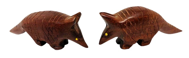 Lot 2 Armadillo Hand Carved Dark Wood Teak Figurines Yellow Eyes 4"