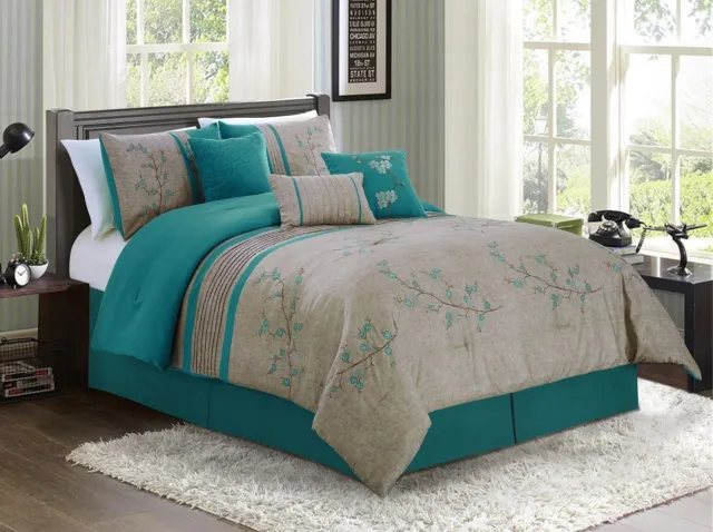 Chezmoi Collection 7-piece Teal Cherry Blossoms Floral Embroidery Comforter Set