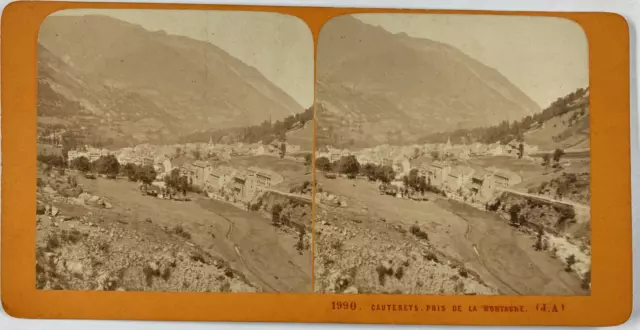 France, Cauterets, taken from the mountain vintage stereo card,J.A. Photo. Pulg