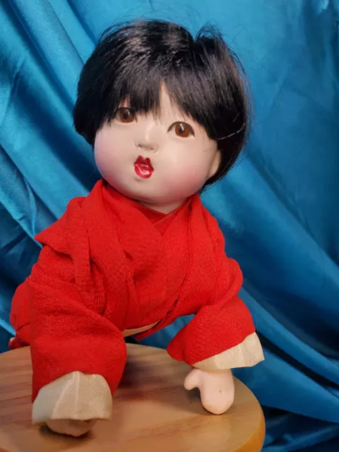 Vintage 7" composition doll Gofun, Ichimatsu glass eyes antique baby crawling