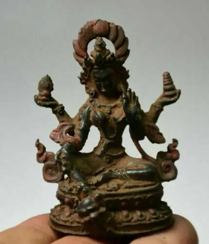 6CM Old Tibet Bronze Buddhism 4 Arms Green Tara Guanyin Kwan-yin Goddess Statue