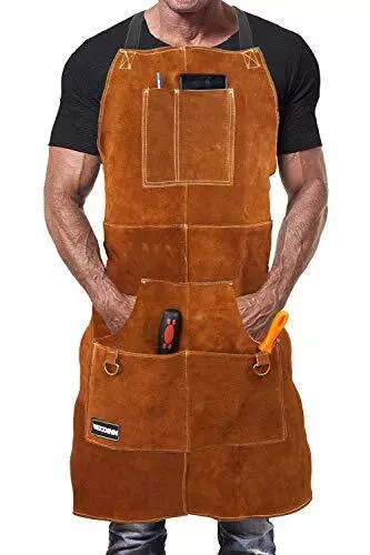 DIMWELD Leather Welding Apron With 6 pockets for men. Heavy Duty Workshop Apron