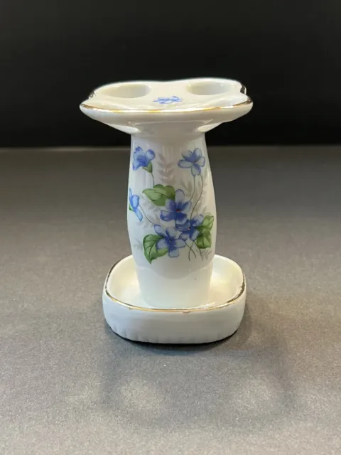 Vintage Ceramic Toothbrush Holder Shabby Chic Blue Violets / Forget Me Not