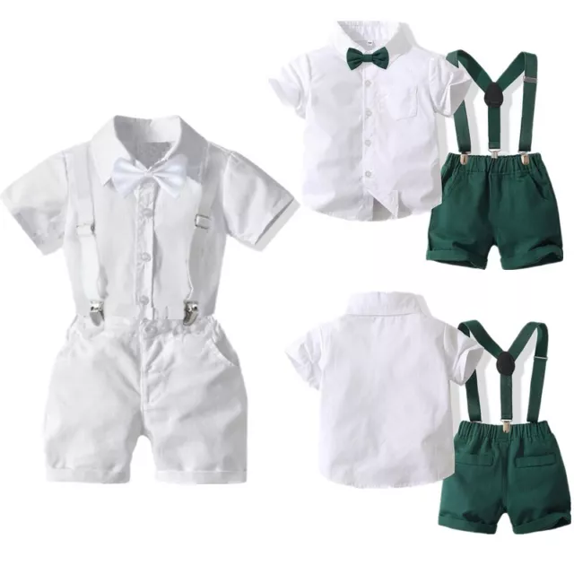Toddler Baby Boy Baptism Outfit Short Sleeve Shirt Suspenders Shorts Clothes Set