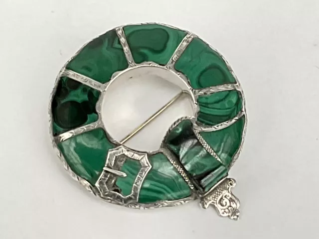 Victorian Scottish Silver and Malachite Agate Brooch, c.1880