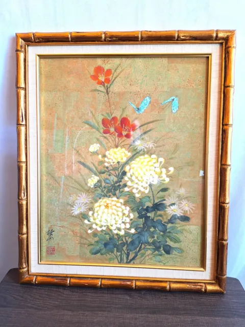 Pair Of Vintage Asian Watercolor Painting Art Floral and Butterflies 23" Bamboo