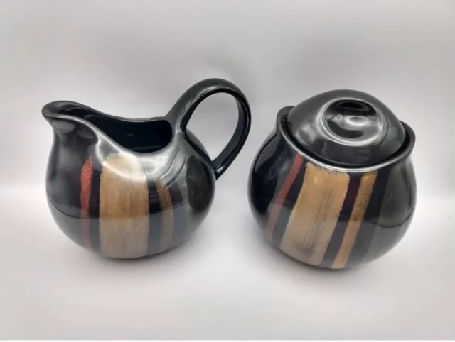 Sango Avanti Black #4721 Creamer & Sugar Bowl with Lid Ceramic Pottery Set NWOT