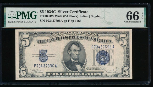 AC 1934C $5 Silver Certificate PMG 66 EPQ P-A block Wide Face Fr 1653 GEM