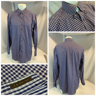 J Hilburn Custom Made Shirt 16 35 Blue Red Plaid Cotton Made USA Mint YGI B1-119