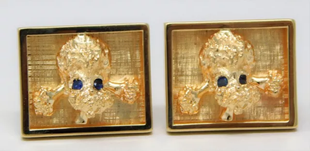 14 kt Yellow Gold Pair of POODLE Dog Sapphire Eyes Cufflinks Cuff Links B4590