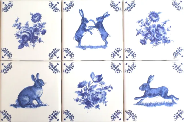 Bunnies & Blue Delft Flower Design Ceramic Tile Blue 4.25" x 4.25 Vintage Corner