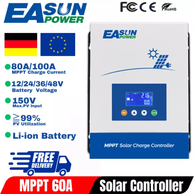 Easun 80/100A Solar Laderegler MPPT Controller Regler 12/24V 36V 48V LCD Display