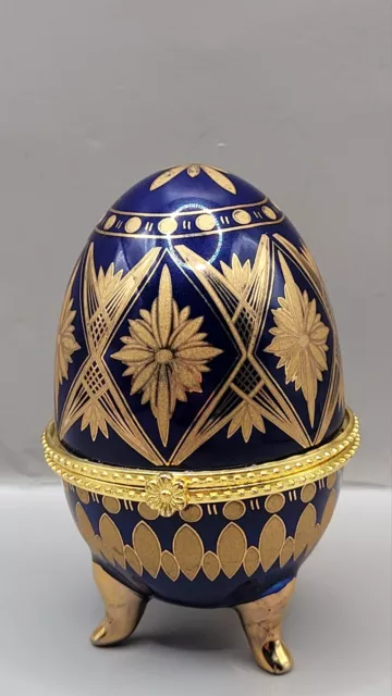 Vintage Porcelain Egg Shaped Trinket Box Cobalt Blue Gold Hinged Footed 3.5"