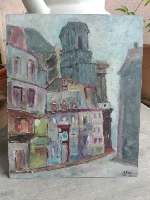 Ancien Tableau Huile Sur Bois Rue Immeuble Style Impressionniste Signé Cros 1966
