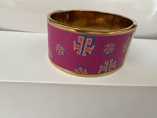 Tory Burch Skinny Leather Inlay Cuff Metal Bracelet with Printed TB Logo