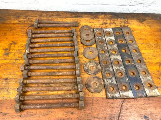 15 Double Threaded Screws 7.5"L Antique Salvaged Hardware, 6 Washers & 4 Plates