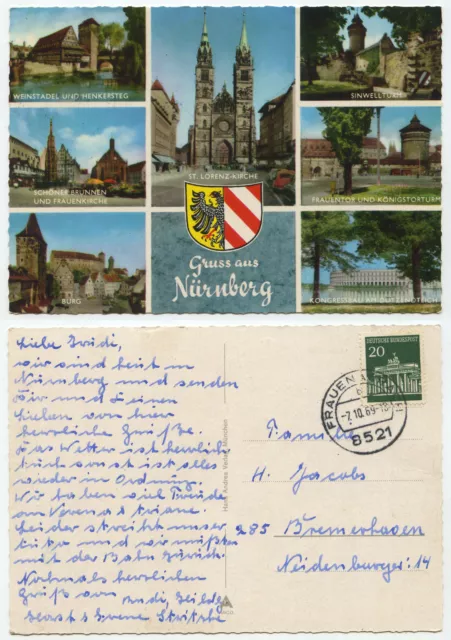 26816 - Gruß aus Nürnberg - Ansichtskarte, gelaufen Frauenaurach 7.10.1969