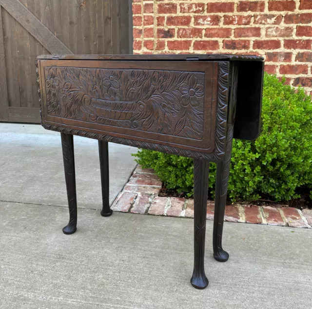 Antique English Table Drop Leaf Gateleg Pad Foot Square Top Oak Carved Victorian