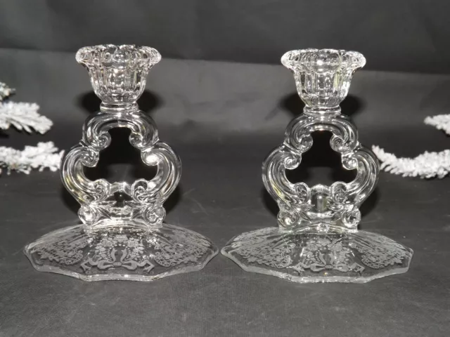 Cambridge Art Glass Pair Candle Holders Candlesticks Etched "Valencia" Pattern