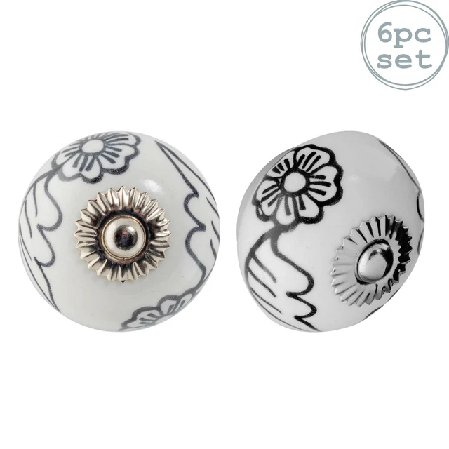 Bouton en céramique Porte d'armoire armoire poignée - Floral - Noir / Blanc x6