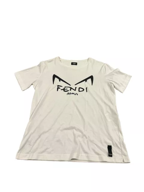 Fendi Mens T-shirt Size L White Short Sleeve Monster Eyes Roma Logo