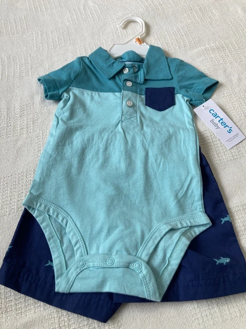 Carter baby boy green 2 piece shark short outfit size 12M NWT