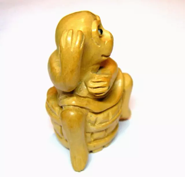 Vintage 2" Washing Monkey in Barrel Japanese Carved Boxwood Netsuke Glass Eyes 3