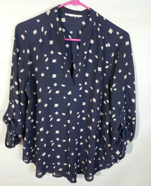 LUSH Blouse Women's Size Large Navy Blue 3/4 Roll Tab Sleeve Sheer V-Neck