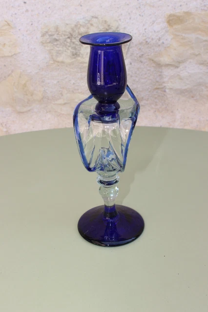 Bougeoir en verre bleu et transparent