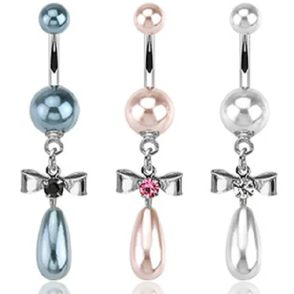 316L Surgical Steel Double Pearl Coated Gem Bow Tie Dangle Navel Belly Ring