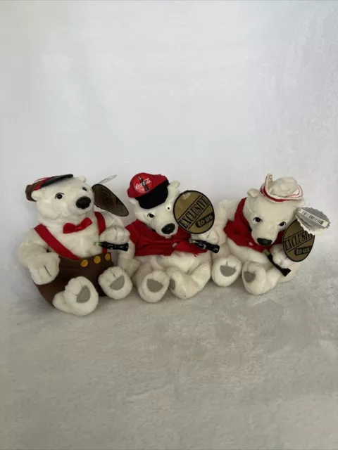 Vintage Lot of 3 Collectible Coca-Cola Bean Bag Plush Polar Bears From 1999 Hats