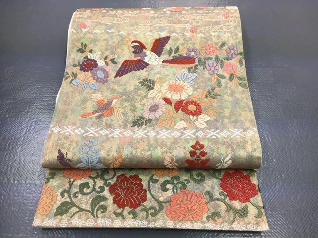 Fukuro OBI Phoenix embroidery gold brown for Japanese Kimono Belt Unused #57