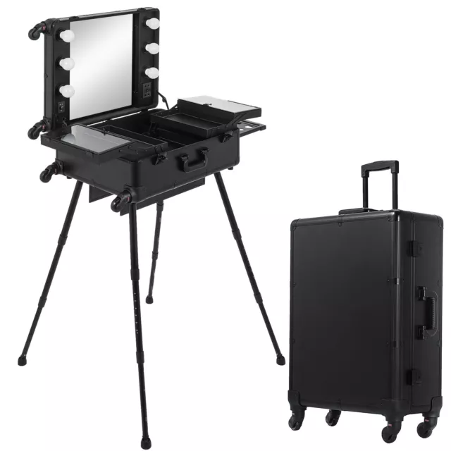 Estuche de maquillaje rodante 2 en 1 con espejo de luz LED patas ajustables mesa bloqueable