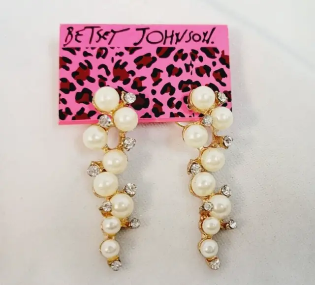 Betsey Johnson Long Faux Pearl and Rhinestone Earrings 2" Drop