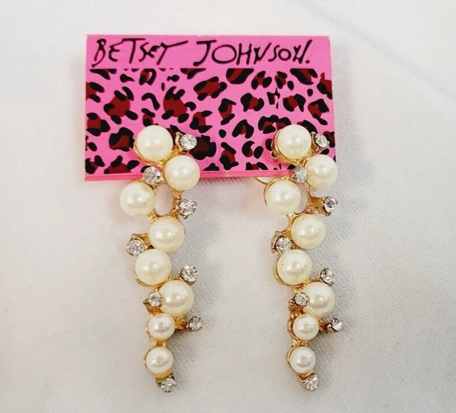 Betsey Johnson Long Faux Pearl and Rhinestone Earrings 2" Drop