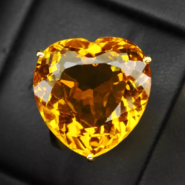 Golden Yellow Citrine Heart Rare 27.5CT 925 Sterling Silver Gold Rings Size 7.25