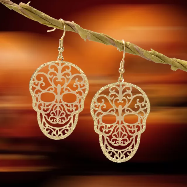 Halloween Accessories Punk Style Hollow Gold Plated Skull Head Dangle Earrings