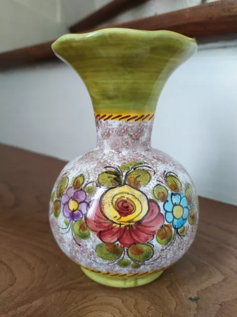 Mini Vase Céramique Italie Décor Main Signature M. DERUTA Fleuri Vintage