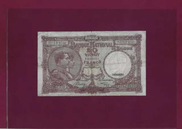 BELGIUM 20 FRANCS 1941 P-111 fine