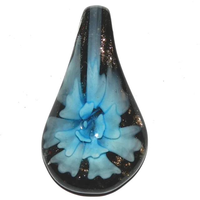 P2447 Blue Flower w Gold Sparkles 54mm Lampwork Glass Spoon Teardrop Pendant
