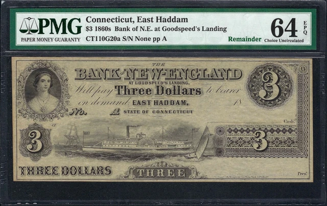 $3 Bank of New England at Goodspeed's Landing Connecticut Obsolete PMG 64 EPQ!