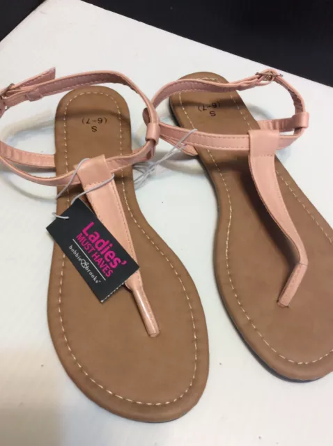 Sandals Women’s S 6-7 T-Strap W/ buckle Flats Shoes Peach Vegan Leather NEW